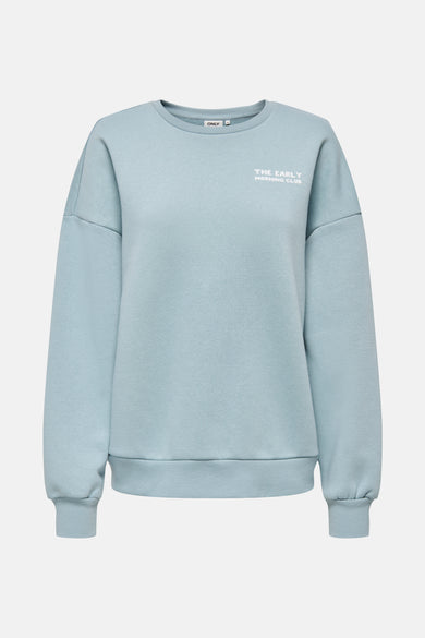 Blauw sweatshirt van ONLY, met tekst "The early morning club" in het wit.
