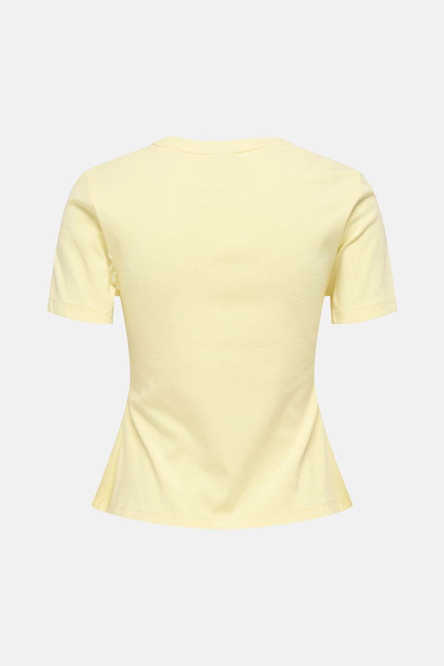 Geel T-shirt met korte mouwen van JDY, met een getailleerde pasvorm en effen design op een witte achtergrond.
