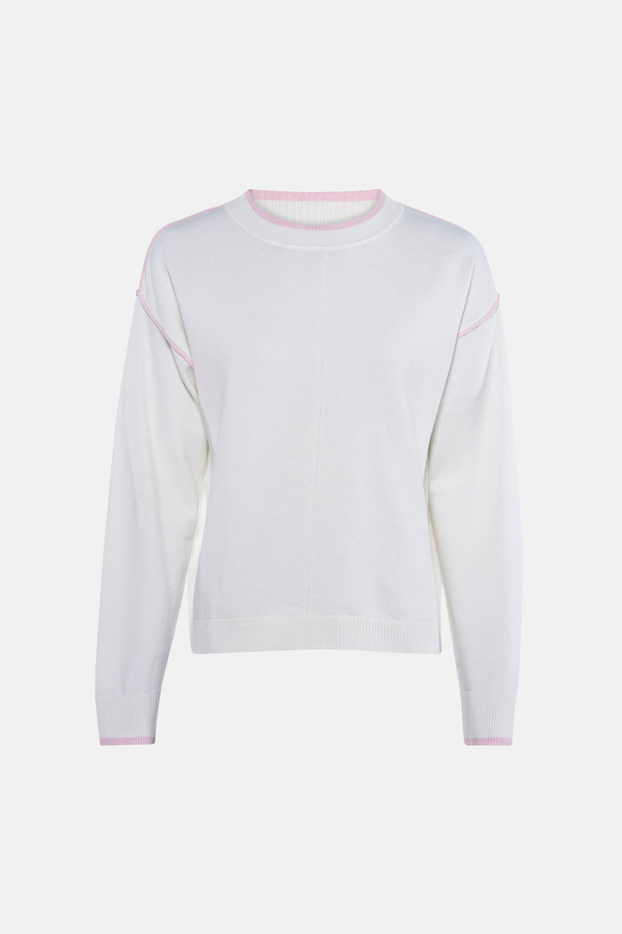 Witte trui met ronde hals van JDY, met roze afwerking aan de halslijn, schouders en manchetten.
