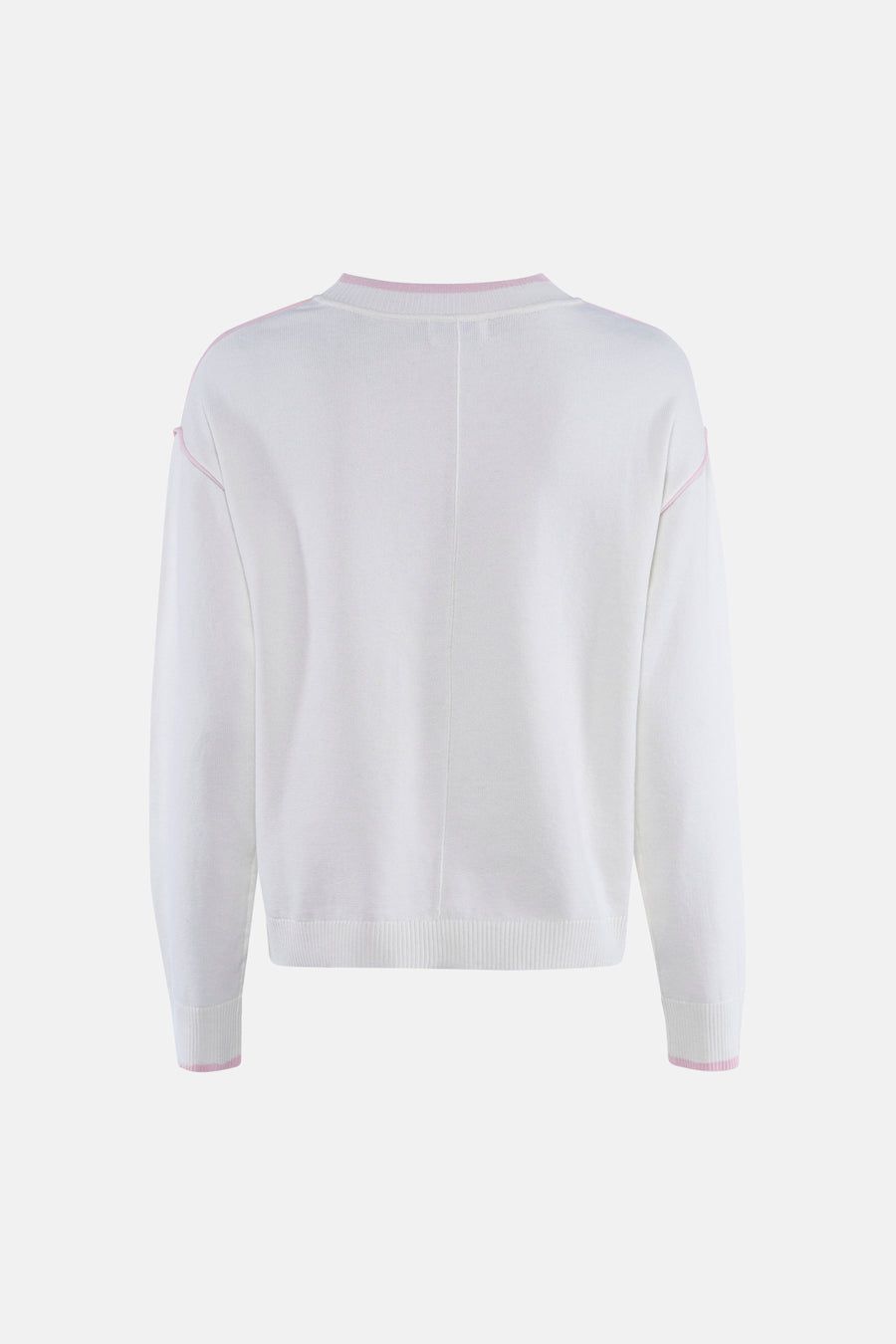 Witte trui met ronde hals van JDY, met roze details op de zoom, manchetten en schouders.