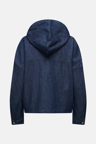 Manteau de jeans bleu marine d'ONLY avec des manches longues et un capuchon, vu par l'arrière.