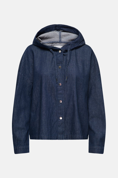 Veste en jeans bleu marine de ONLY®, avec capuchon et fermeture à boutons devant.