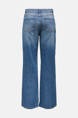 Jean large bleu moyen de JDY avec délavage clair et poches arrière, vu de dos.