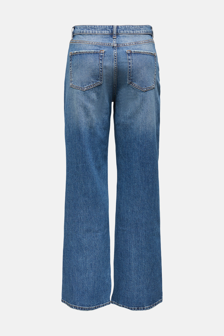 Jean large bleu moyen de JDY avec délavage clair et poches arrière, vu de dos.