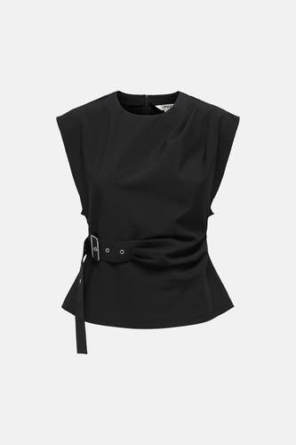 Chemisier noir sans manches ONLY® à col rond, coupe ajustée et ceinture décorative à boucle.