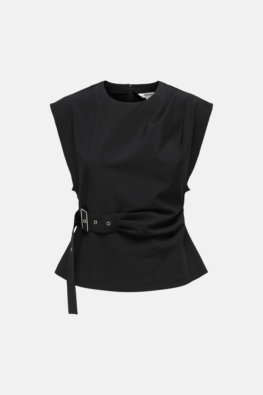 Chemisier noir sans manches ONLY® à col rond, coupe ajustée et ceinture décorative à boucle.