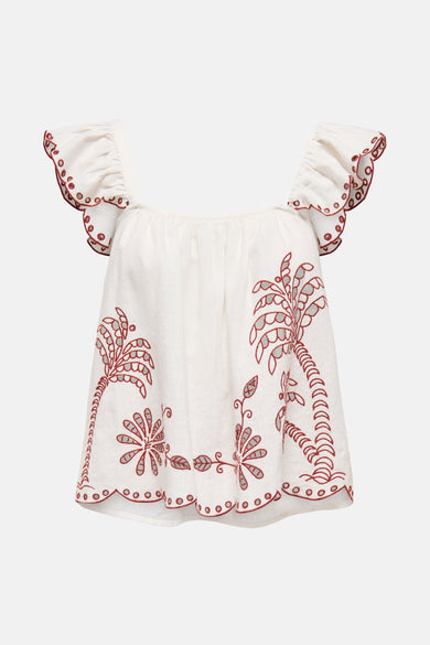 Witte T-shirt met korte mouwen van JDY, met palmboom en bloem borduursel details.
