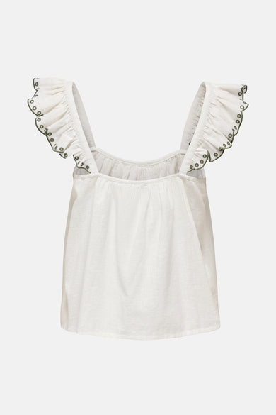 Wit T-shirt met korte mouwen van JDY, met broderie details en ruches op de schouders.
