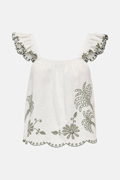 Wit T-shirt met korte mouwen van JDY, versierd met groene palmboom borduursels en kanten details.
