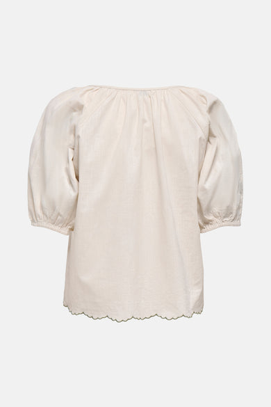 Ecru T-shirt met korte mouwen van JDY, met pofmouwen en een geschulpte zoom.