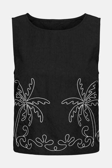 Blouse sans manches noire de JDY, avec une subtile texture froissée et une ligne de col simple.