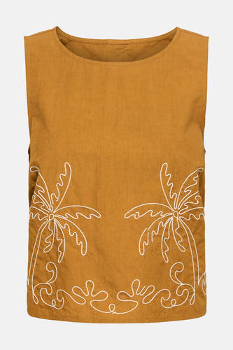 Bruine mouwloze blouse van JDY, met een geborduurd palmbomenpatroon aan de onderkant.