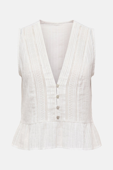 Ecru blouse zonder mouwen van ONLY, met een V-hals en knoopsluiting aan de voorkant.