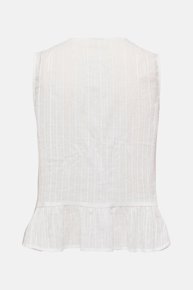 Ecru mouwloze blouse van ONLY, met een subtiel gestreept patroon en een geplooid detail aan de onderkant.
