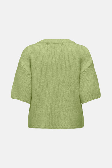 Groene trui met ronde hals van JDY, met een gebreide textuur en korte mouwen, gezien van achteren.