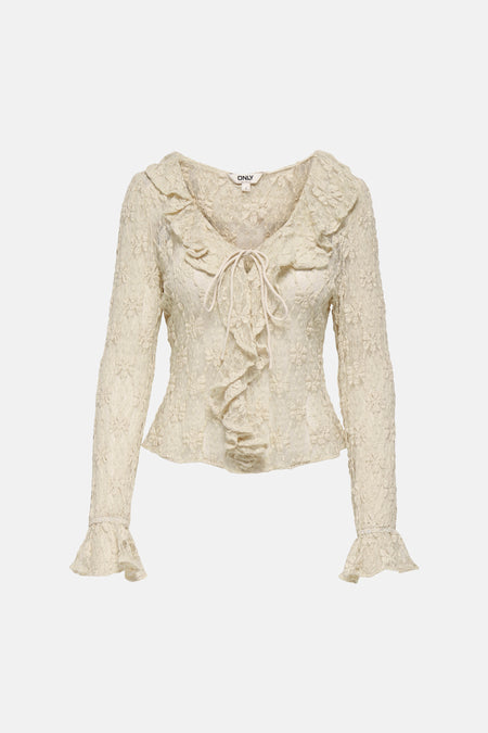 Blouse écru de ONLY, à manches longues, motif floral en dentelle, volants et fermeture à nouer.