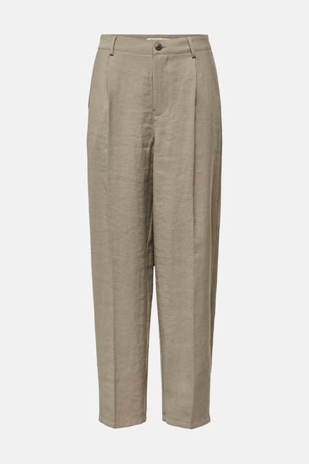 Beige linnen-look plooibroek van ONLY® met losse pasvorm en knoopsluiting.