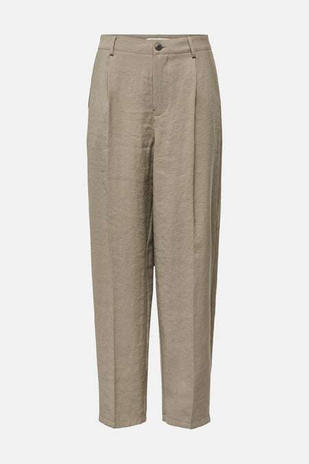 Pantalon plissé aspect lin beige de ONLY® avec coupe ample et fermeture à boutons.