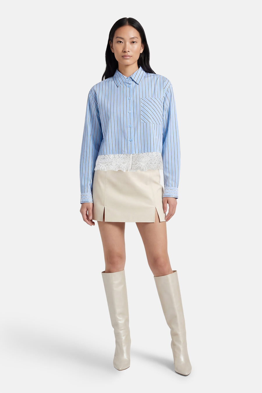 Blauw gestreept overhemd met lange mouwen van ONLY, met een borstzak en kanten rand.