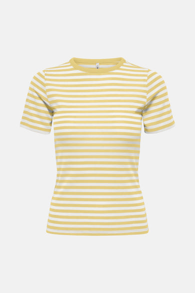 Geel T-shirt met korte mouwen van ONLY, met wit gestreept patroon.
