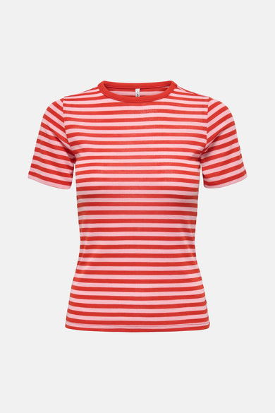 Rood gestreept T-shirt met korte mouwen van ONLY, met een ronde hals.
