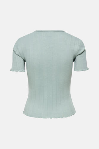Groen T-shirt met korte mouwen van ONLY, met een fijne ribstructuur en golvende randjes.