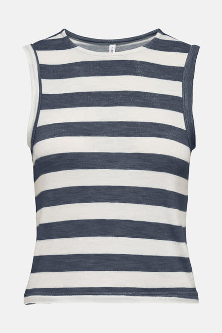 T-shirt sans manches bleu d'ONLY, avec des rayures horizontales et une finition blanche.