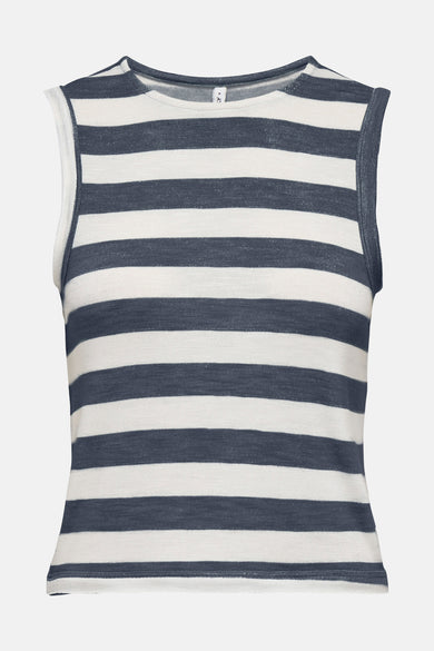 T-shirt sans manches bleu d'ONLY, avec des rayures horizontales et une finition blanche.