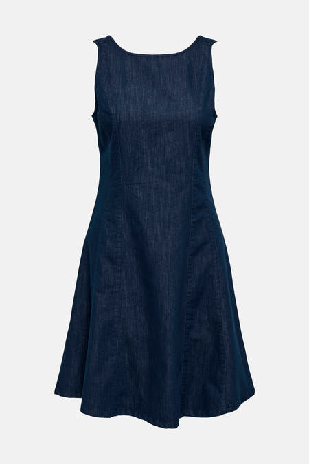 Robe sans manches en denim bleu foncé ONLY®, dos avec encolure ronde profonde et fermeture éclair verticale.