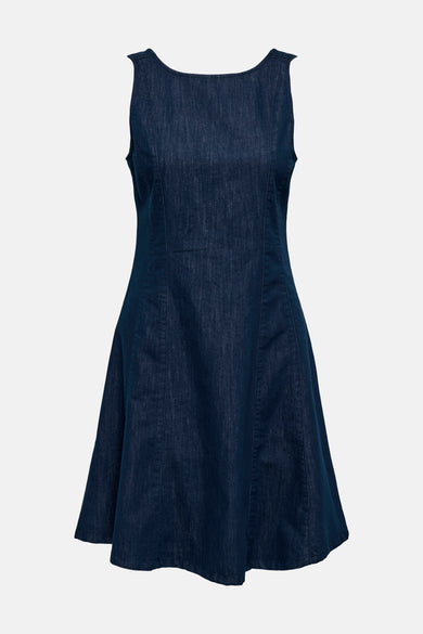 Donkerblauw denim mouwloos kleedje van ONLY met ronde hals en panelen, vooraanzicht.