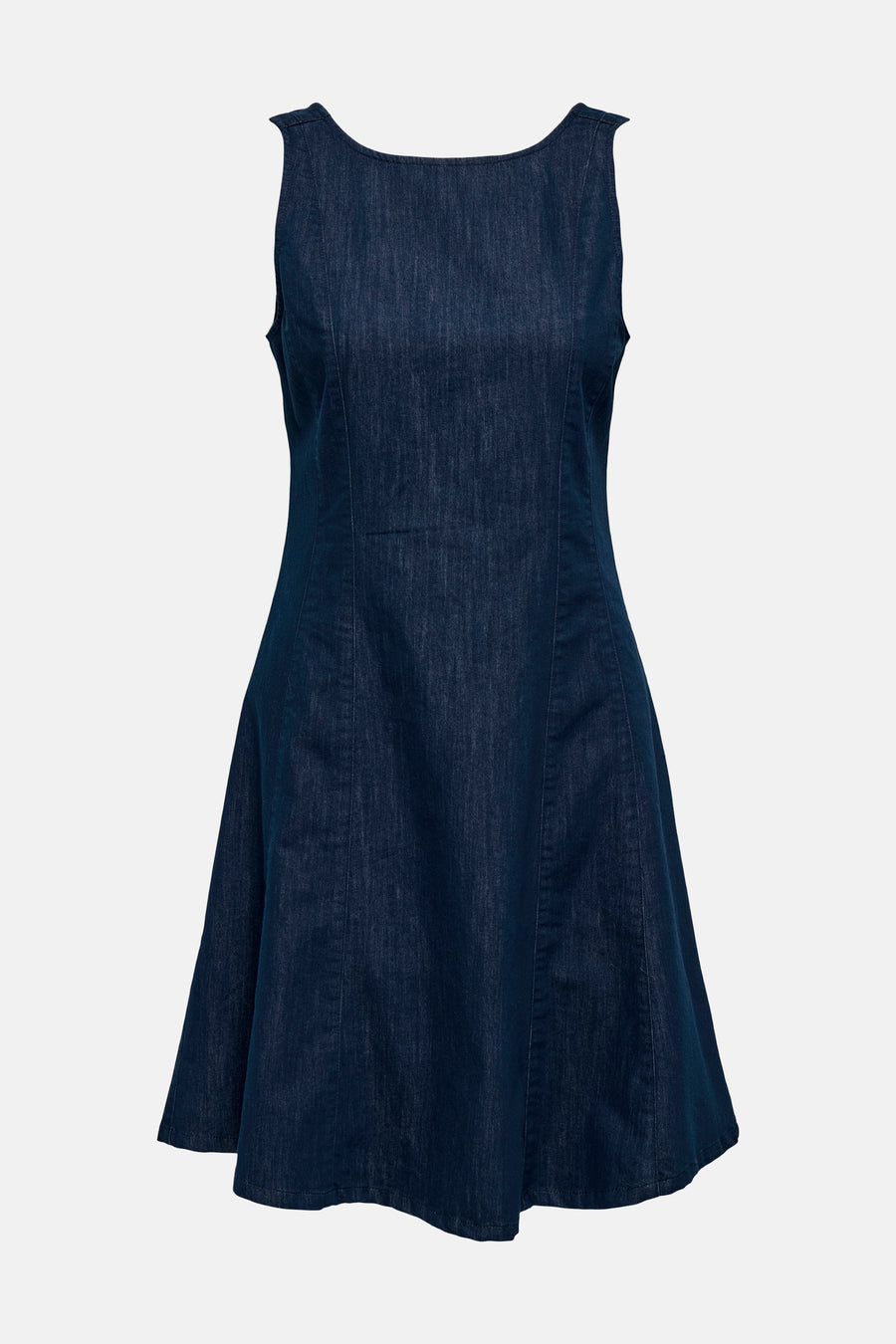 Robe sans manches en denim bleu foncé ONLY®, dos avec encolure ronde profonde et fermeture éclair verticale.