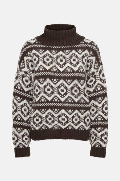 Pull marron avec col montant de ONLY, avec un tissu jacquard géométrique en blanc et marron.