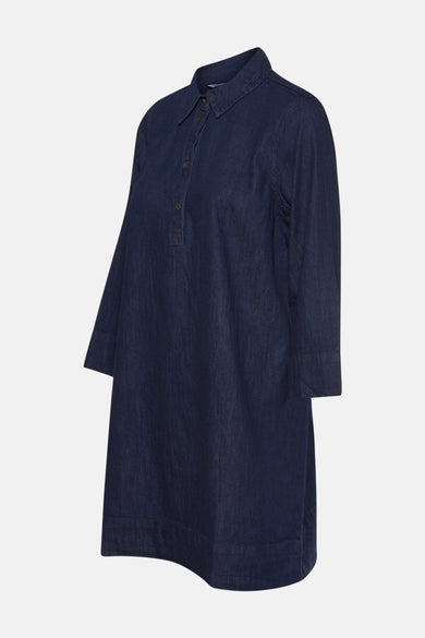 Donkerblauw denim kleedje met lange mouwen van ONLY, met kraag en knoopsluiting.