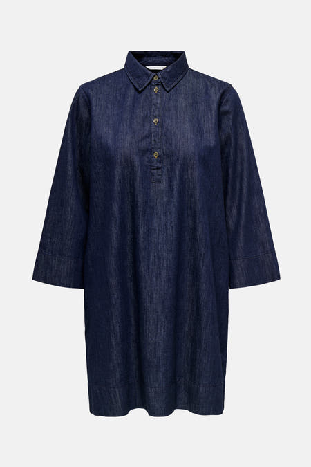Donkerblauw denim kleedje met lange mouwen van ONLY, met knoopsluiting en een kraag.
