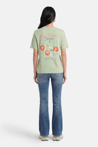T-shirt à manches courtes vert ONLY®, avec imprimé d'oranges et le texte "Stay Fresh".