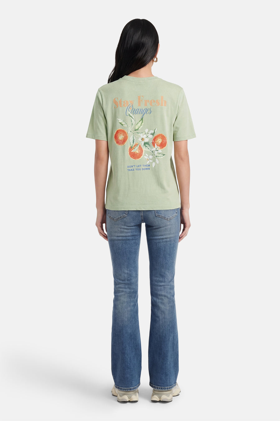 T-shirt à manches courtes vert ONLY®, avec imprimé d'oranges et le texte "Stay Fresh".