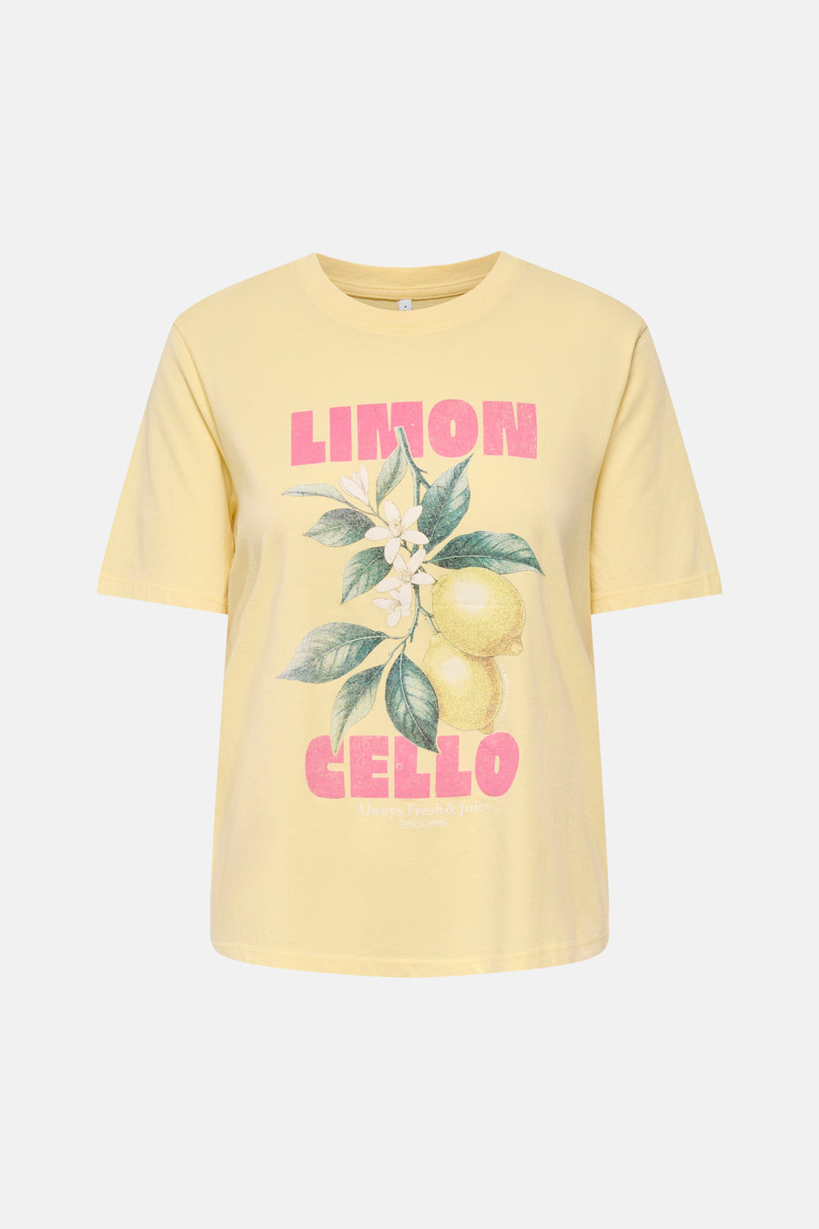 T-shirt jaune à manches courtes ONLY® avec un imprimé Limoncello de citrons et de texte.