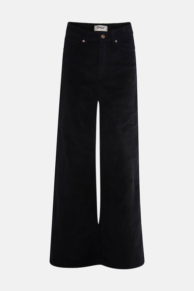 Zwarte corduroy broek van ONLY, met wijde pijpen en een label boven de knoop.

