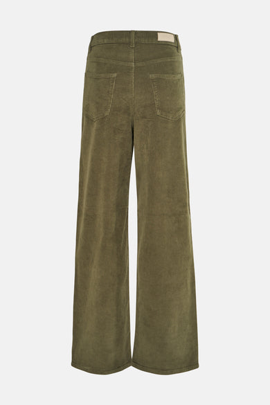 Kaki broek van ONLY, met wijde pijpen en corduroy textuur, gezien vanaf de achterkant.
