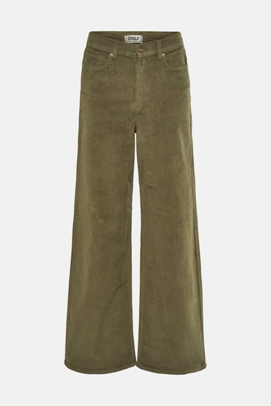 Kakikleurige corduroy broek van ONLY, met wijde pijpen en zakken aan de voorkant.