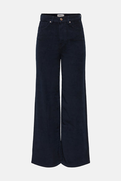 Blauwe corduroy broek van ONLY, met wijde pijpen en zakken.