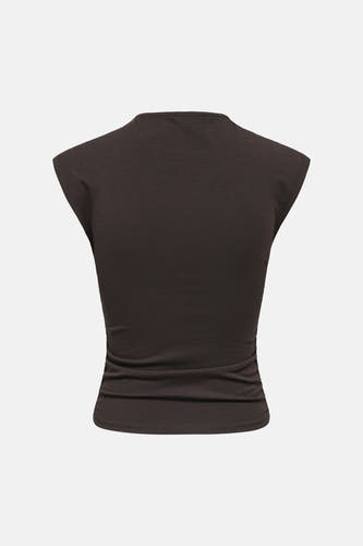 T-shirt marron foncé ONLY® avec manches chauve-souris, côtés plissés et encolure ronde, dos.