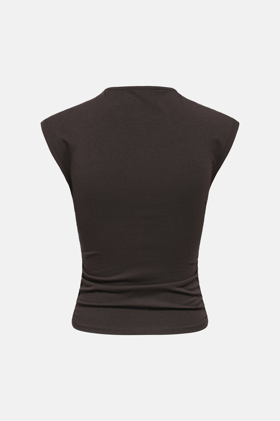 T-shirt marron foncé ONLY® avec manches chauve-souris, côtés plissés et encolure ronde, dos.