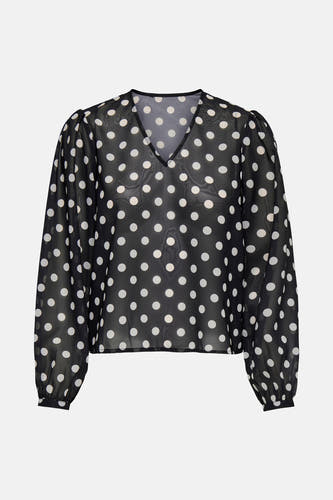 Zwarte blouse met lange mouwen van ONLY, voorzien van een stippenpatroon en een V-hals.
