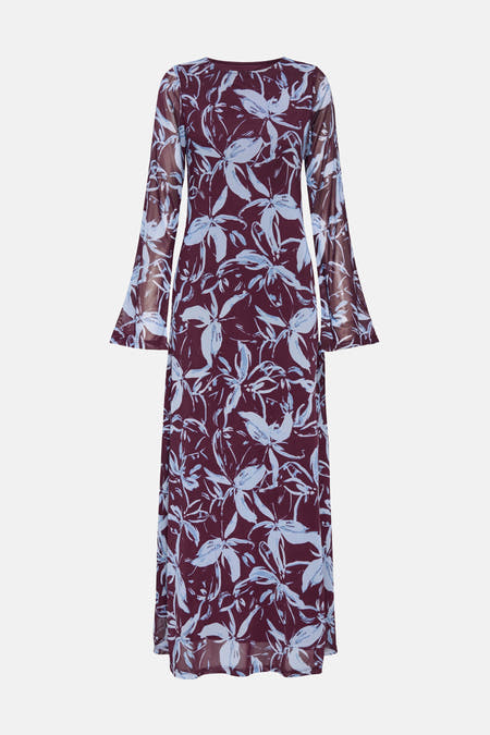 Rode jurk met lange mouwen van ONLY, met blauwe bloemenprint over het gehele oppervlak.
