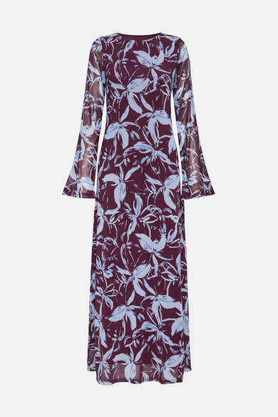 Rode jurk met lange mouwen van ONLY, met blauwe bloemenprint over het gehele oppervlak.
