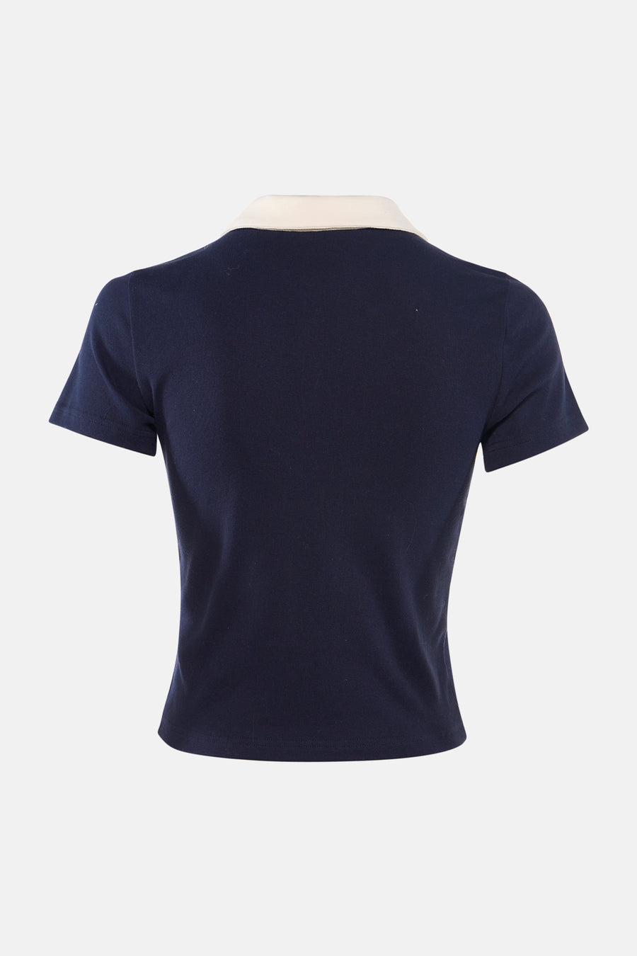 Blauw poloshirt met korte mouwen van ONLY®, gezien vanaf de achterkant met crèmekleurige kraag.