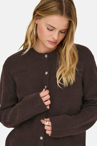 Bruin vest van ONLY, met knoopsluiting en lange mouwen, gedragen met zilveren oorbellen en ring.
