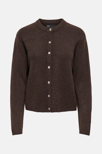 Bruin vest van ONLY, met lange mouwen en witte knoopsluiting.