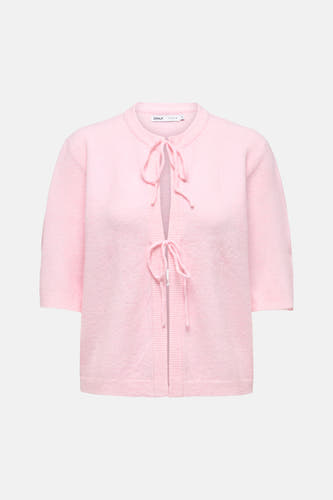 Cardigan rose ONLY® à manches courtes, fermetures à nouer sur le devant et texture douce et duveteuse.